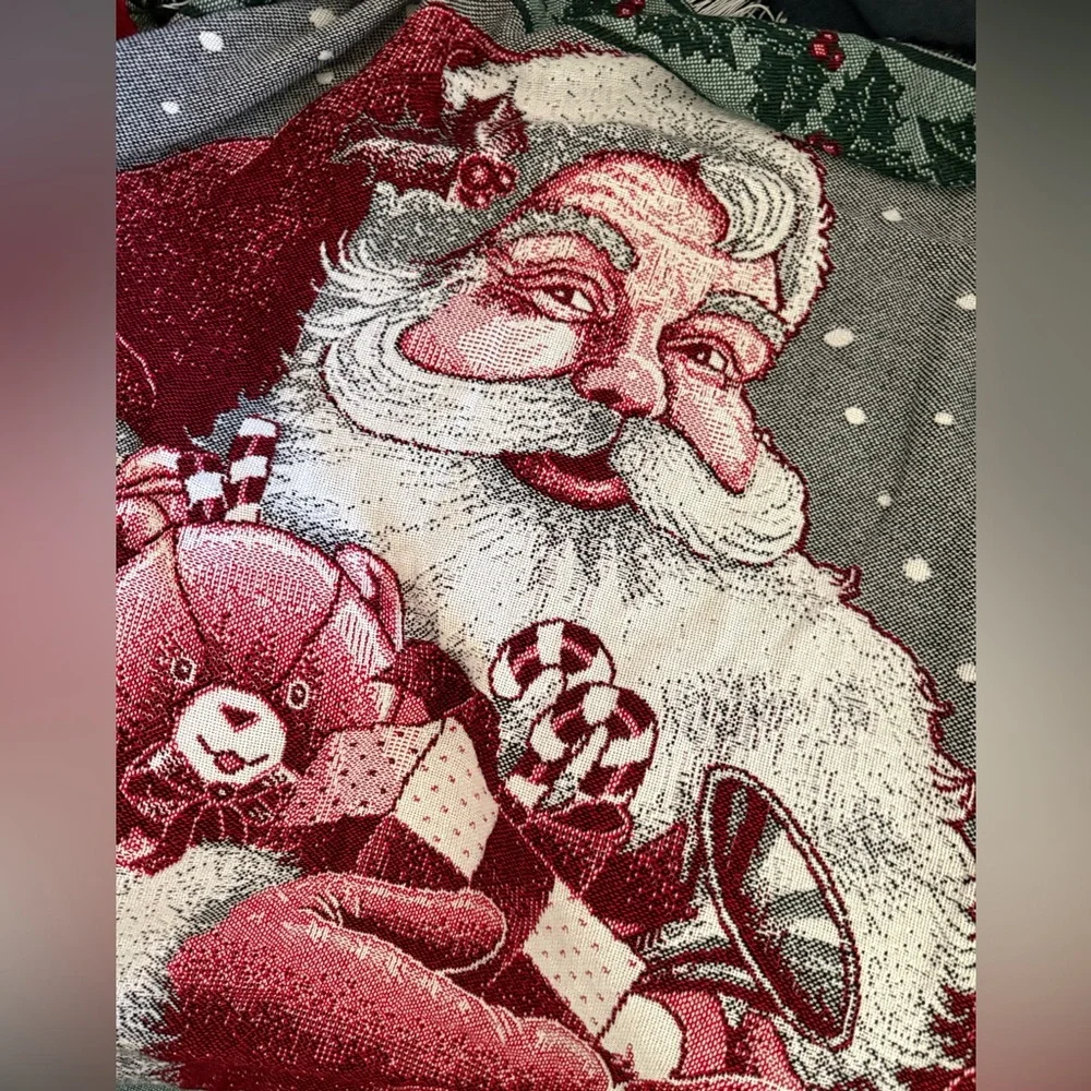 Vtg Santa Holiday Christmas Woven Cotton‎ Throw Blanket  50” X 48”